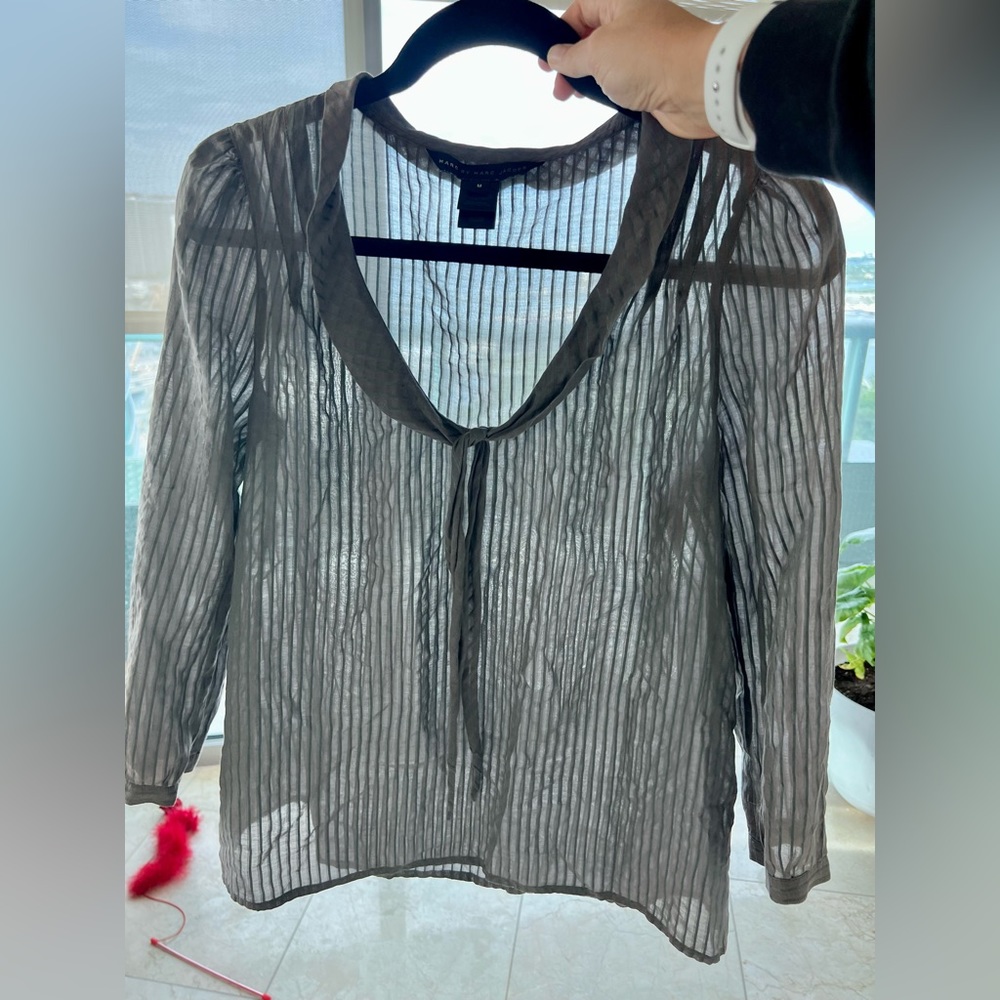 Marc Jacobs sheer teal stripe on grey top. Elegant and light! Cotton and silk.